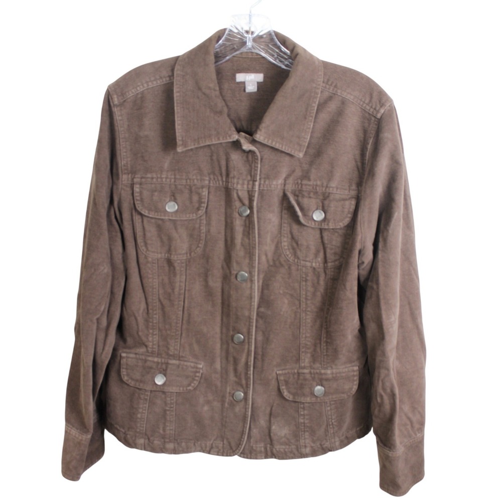 J. Jill Womens Brown Cotton Canvas Utility Jacket Button Front Size L 83131007